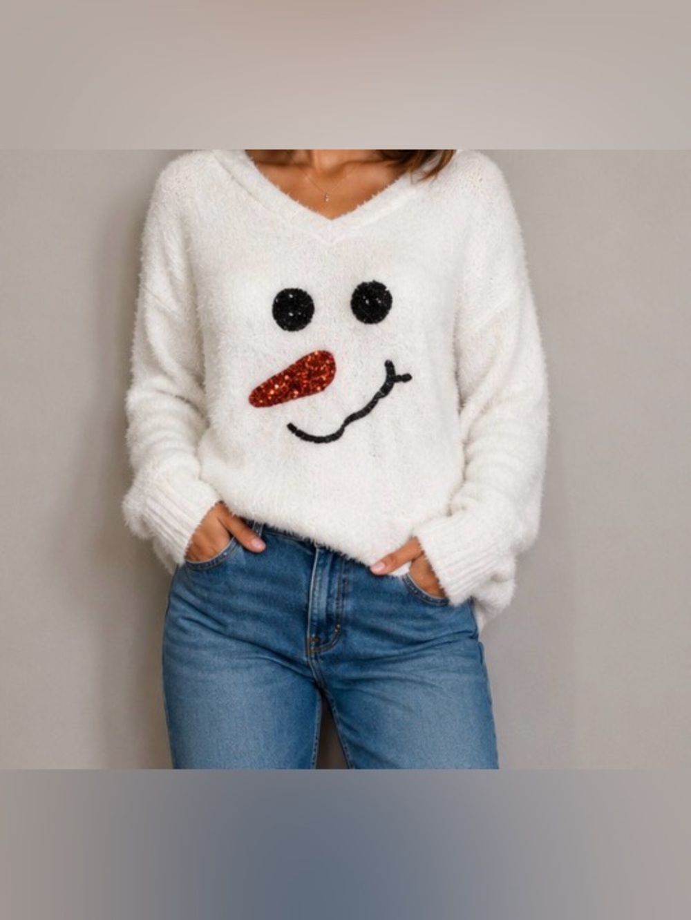 Snowman Sweater Christmas White V-Neck Sparkly Sequin Ugly Holiday Top Grandma